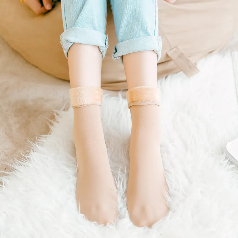 1Pair Women Fleece Socks Winter Sock For Lady Casual Soft Warm Footwear Elastic Fleece Lining Slipper Socks Velvet Solid Color