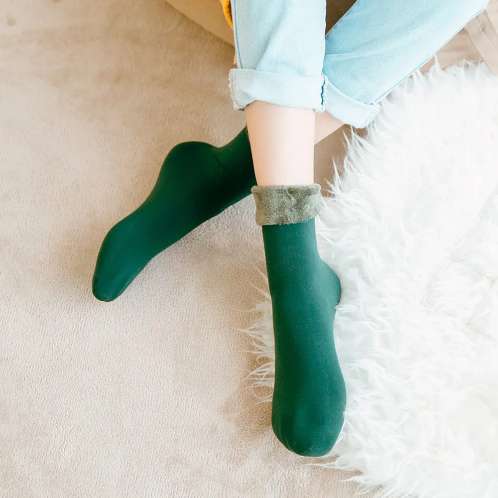 1Pair Women Fleece Socks Winter Sock For Lady Casual Soft Warm Footwear Elastic Fleece Lining Slipper Socks Velvet Solid Color