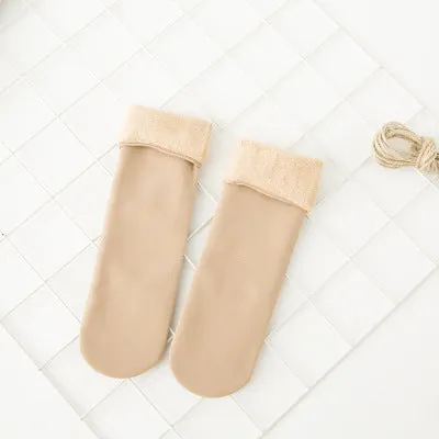 1Pair Women Fleece Socks Winter Sock For Lady Casual Soft Warm Footwear Elastic Fleece Lining Slipper Socks Velvet Solid Color