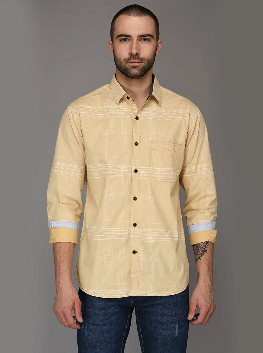 Greenfibre Sand Yellow Striped Slim Fit Casual Shirt