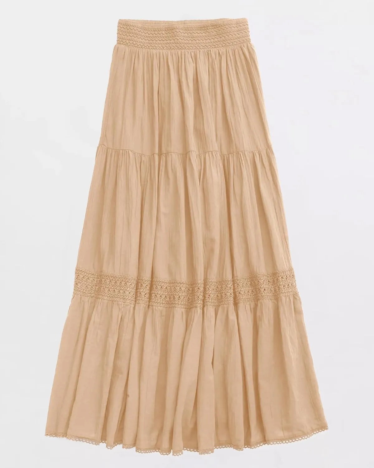 Locachy Women's Boho Tiered Elastic Waist A-Line Maxi Skirts Casual Lace Flowy Pleated Midi Dress
