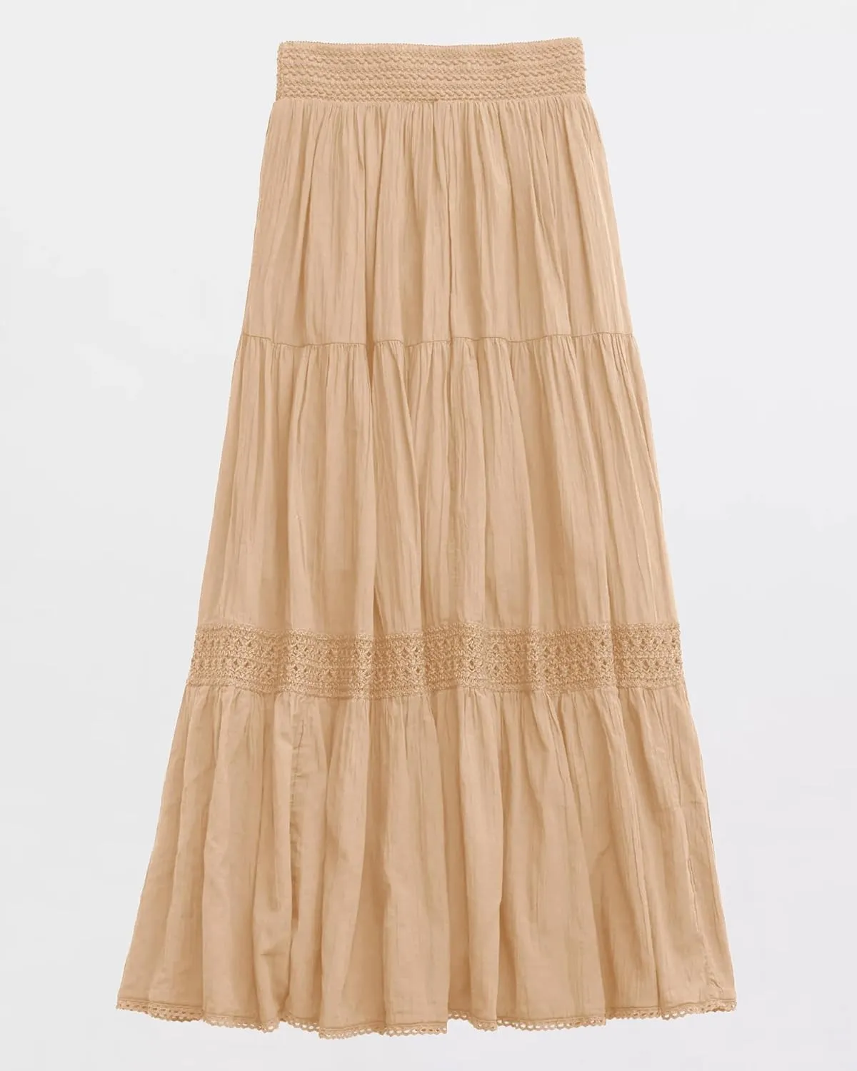 Locachy Women's Boho Tiered Elastic Waist A-Line Maxi Skirts Casual Lace Flowy Pleated Midi Dress