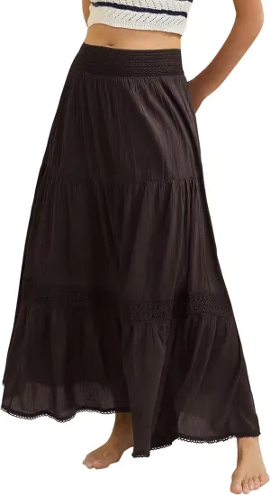 Locachy Women's Boho Tiered Elastic Waist A-Line Maxi Skirts Casual Lace Flowy Pleated Midi Dress