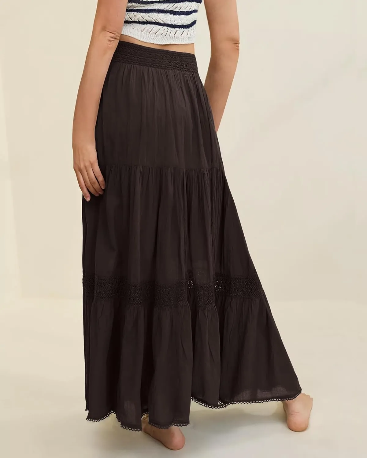 Locachy Women's Boho Tiered Elastic Waist A-Line Maxi Skirts Casual Lace Flowy Pleated Midi Dress