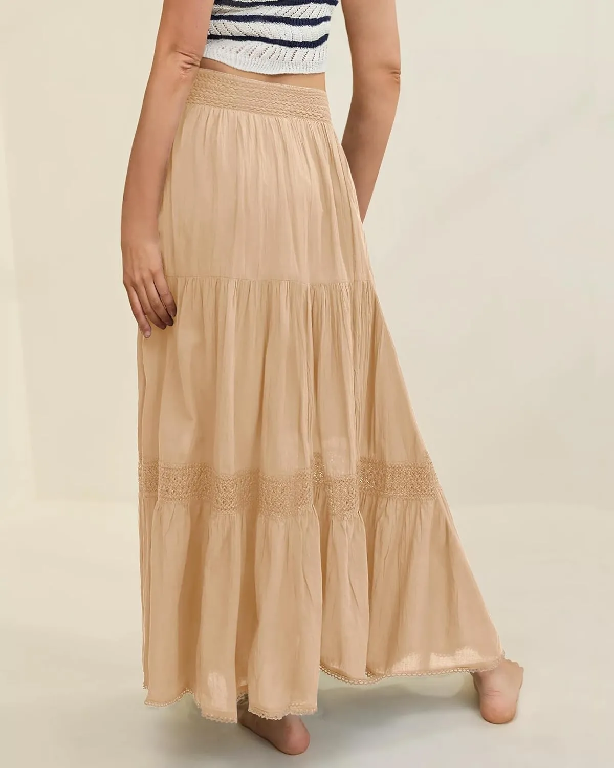 Locachy Women's Boho Tiered Elastic Waist A-Line Maxi Skirts Casual Lace Flowy Pleated Midi Dress