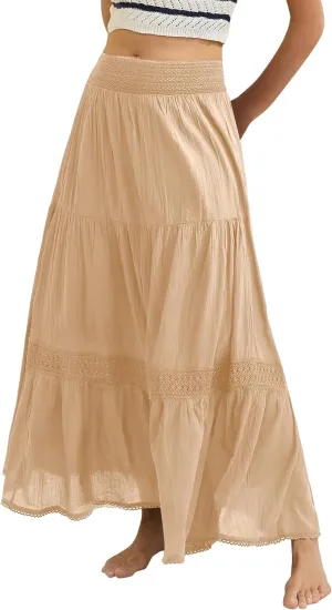 Locachy Women's Boho Tiered Elastic Waist A-Line Maxi Skirts Casual Lace Flowy Pleated Midi Dress