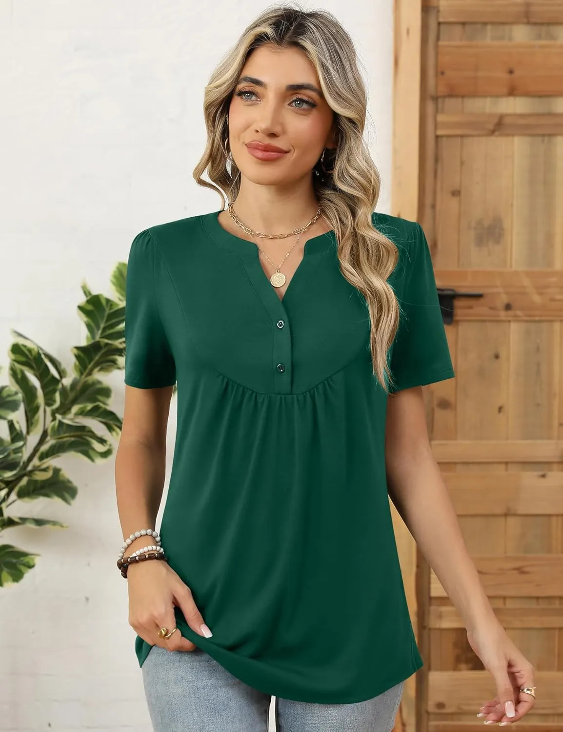 LOMON Womens Short Sleeve Tops Henley V-Neck T-Shirts Casual Pleated Blouses Dressy Loose Summer Clothes 2025 S-XXL