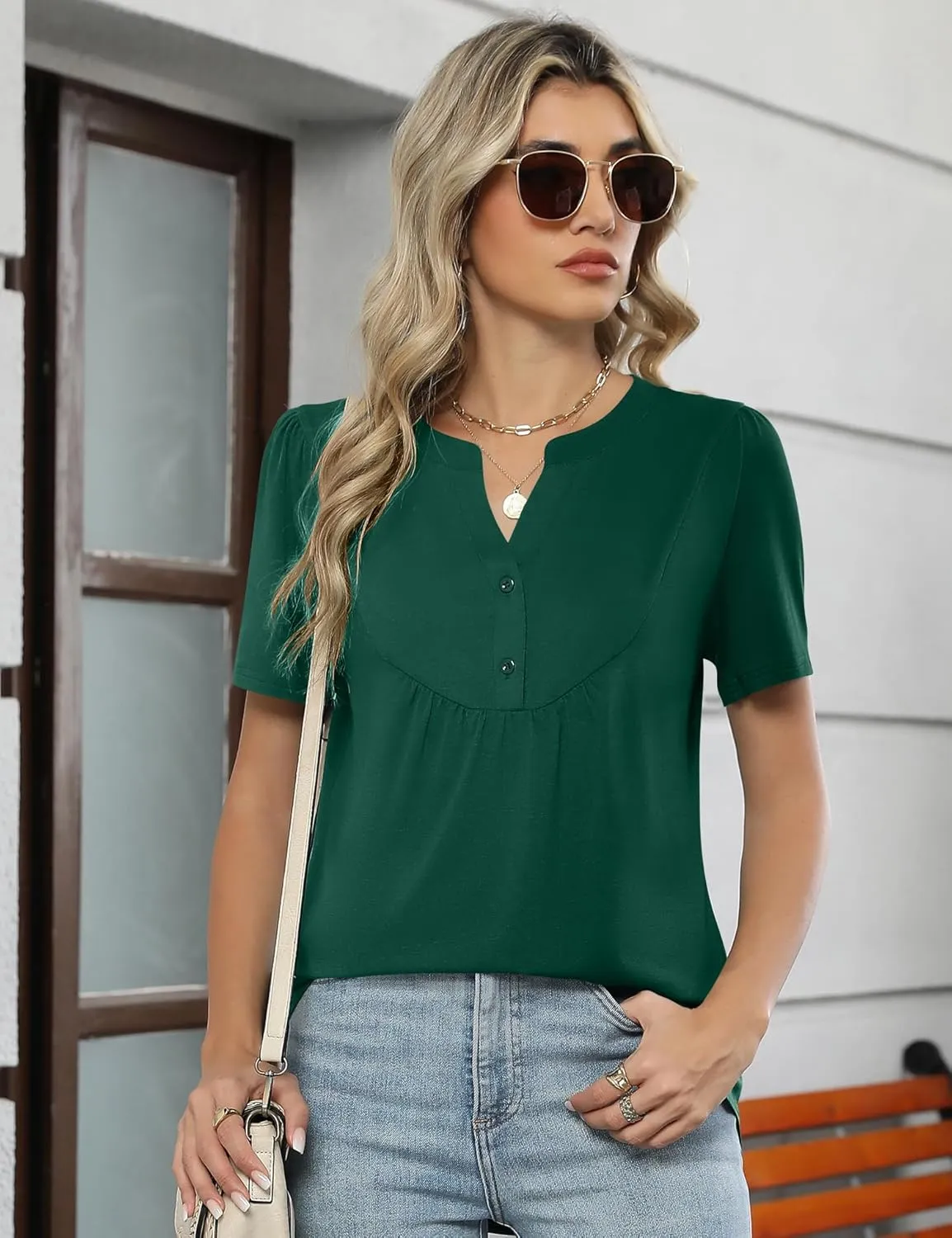 LOMON Womens Short Sleeve Tops Henley V-Neck T-Shirts Casual Pleated Blouses Dressy Loose Summer Clothes 2025 S-XXL
