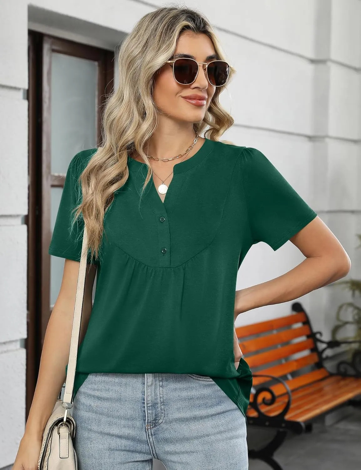 LOMON Womens Short Sleeve Tops Henley V-Neck T-Shirts Casual Pleated Blouses Dressy Loose Summer Clothes 2025 S-XXL