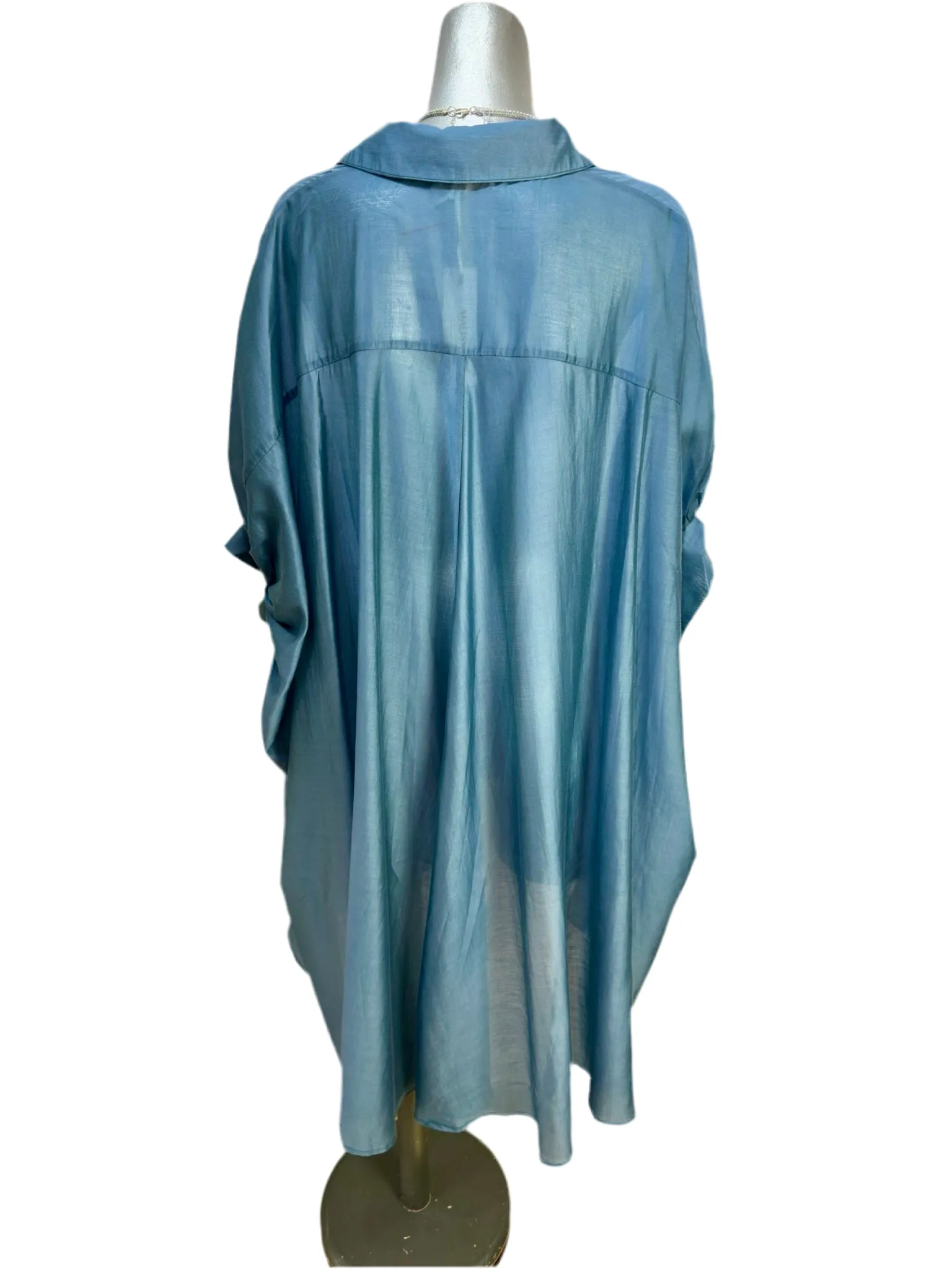 Malissa J Denim Blue Sheer Overshirt  Elegant High-Low Hem Blouse (One Size)