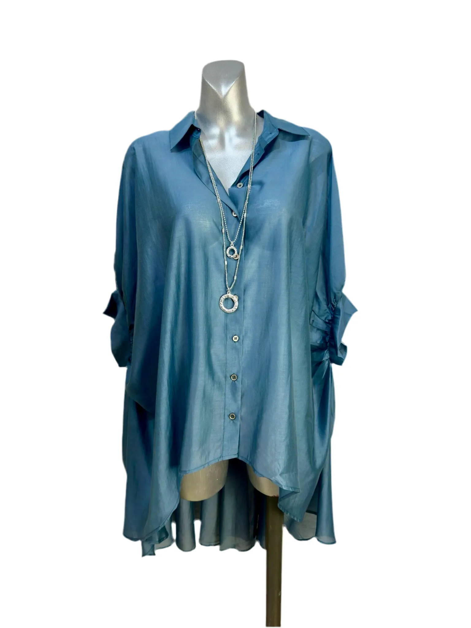 Malissa J Denim Blue Sheer Overshirt  Elegant High-Low Hem Blouse (One Size)