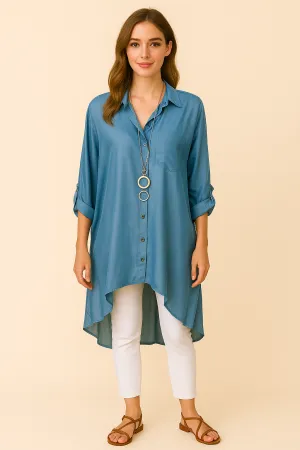 Malissa J Denim Blue Sheer Overshirt  Elegant High-Low Hem Blouse (One Size)