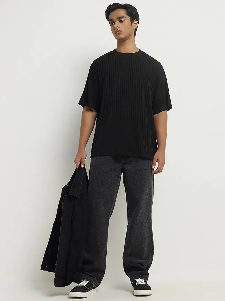 Nuon Black Striped Relaxed-Fit Cotton T-Shirt
