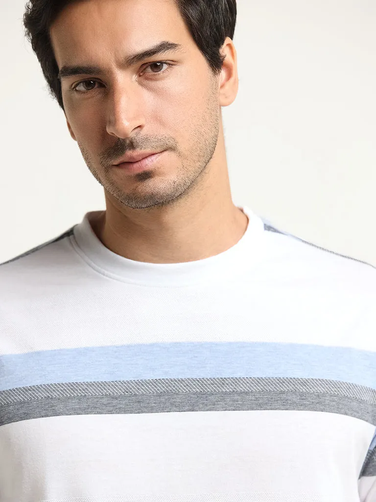 WES Lounge Blue Striped Cotton Blend Relaxed Fit T-Shirt