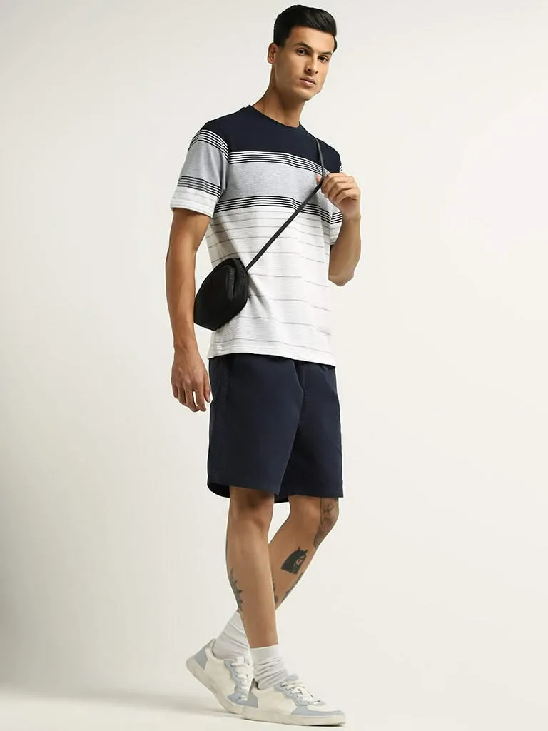 WES Lounge Grey Striped Cotton Blend Relaxed Fit T-Shirt