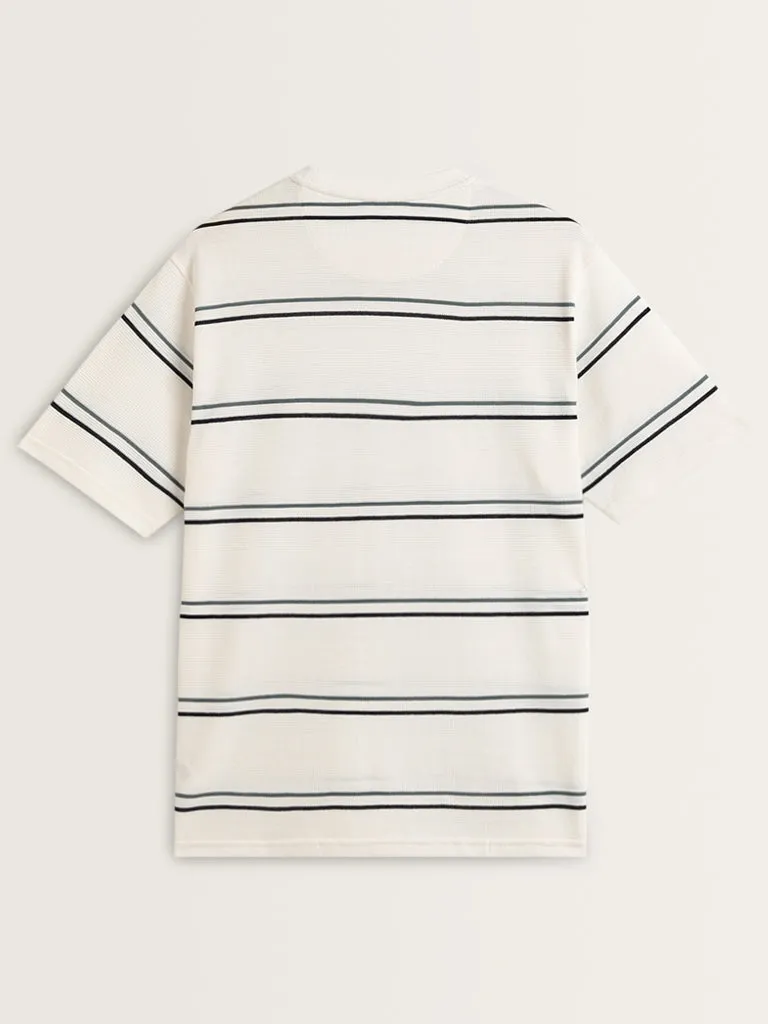 WES Lounge White Stripe Printed Relaxed Fit T-Shirt