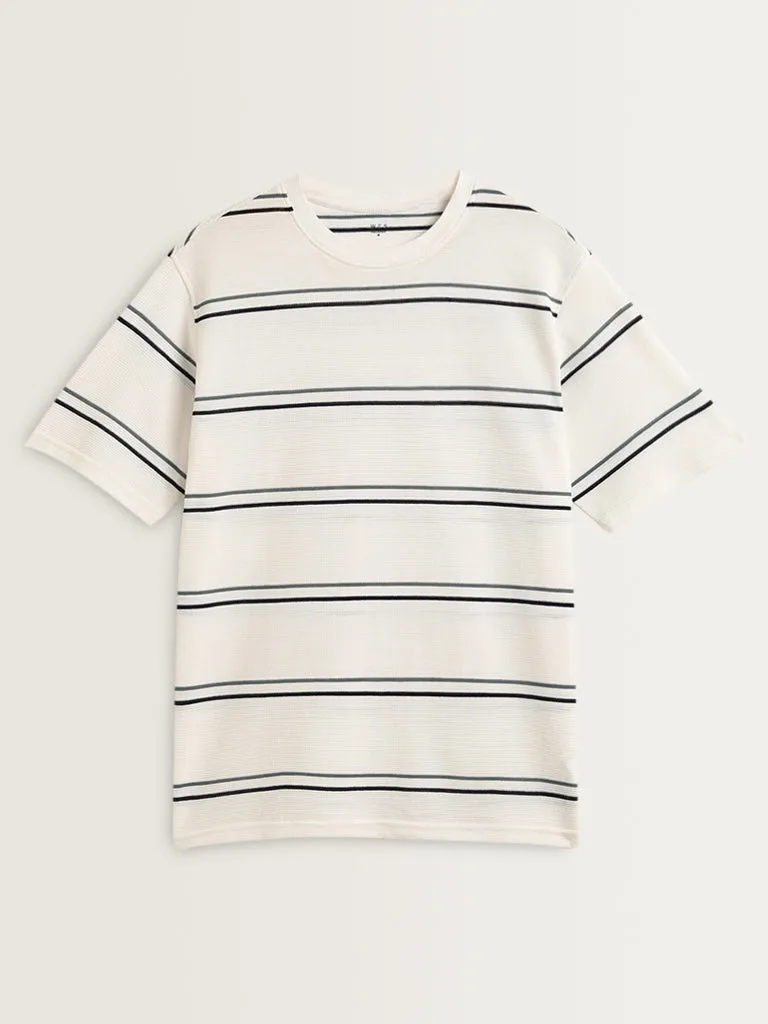 WES Lounge White Stripe Printed Relaxed Fit T-Shirt