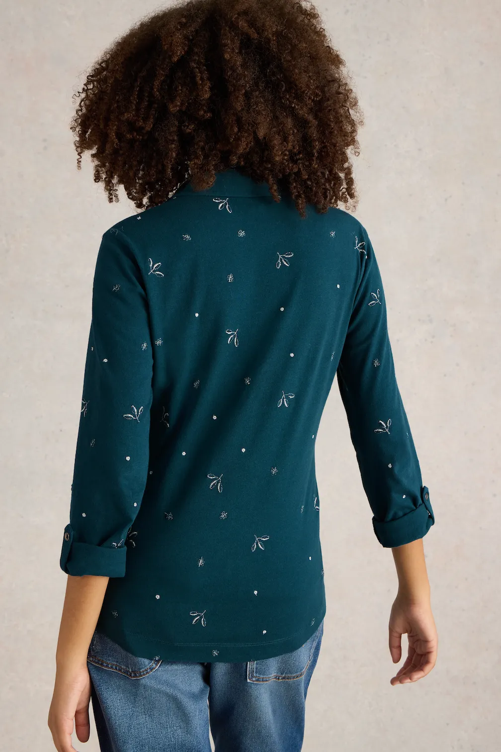 White Stuff Annie Embroidered Shirt in Teal Mlt