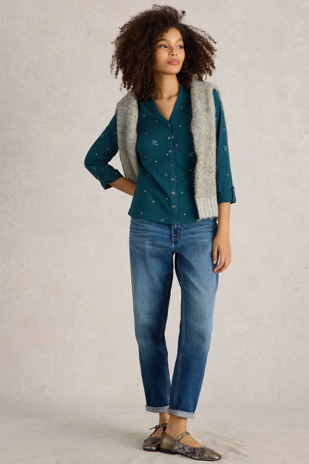White Stuff Annie Embroidered Shirt in Teal Mlt