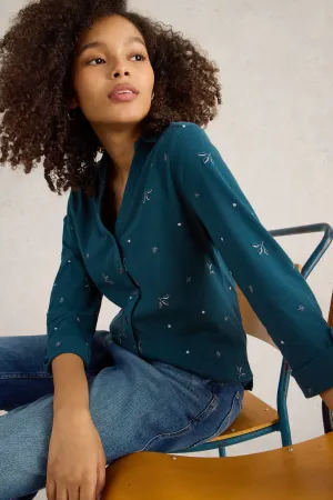 White Stuff Annie Embroidered Shirt in Teal Mlt
