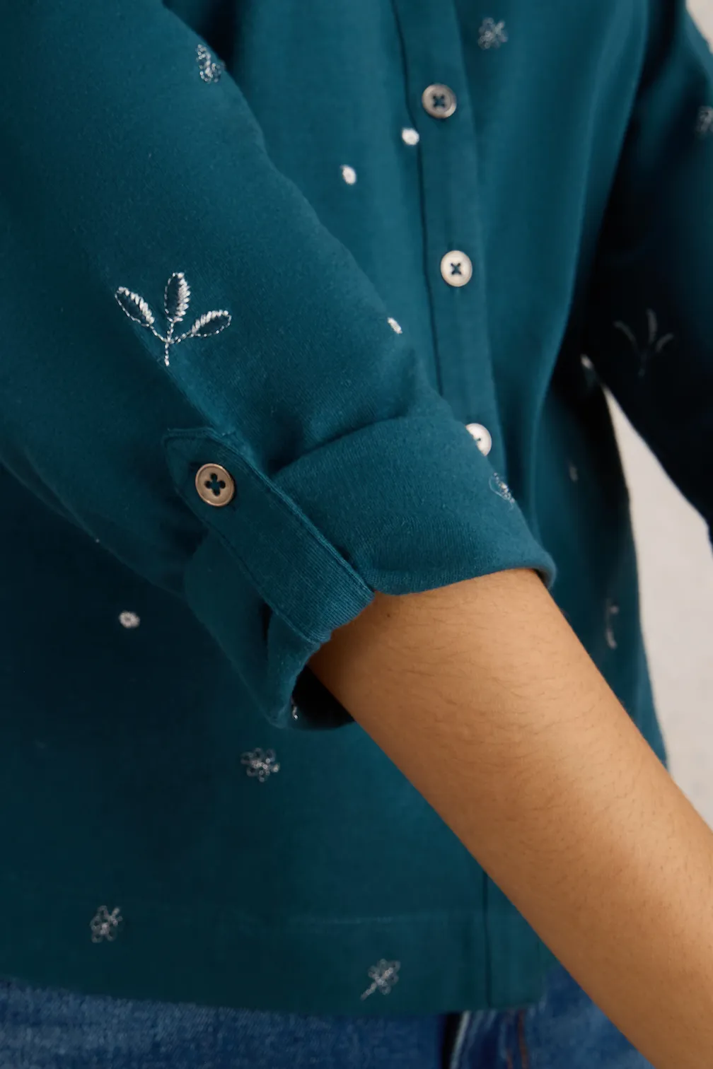 White Stuff Annie Embroidered Shirt in Teal Mlt